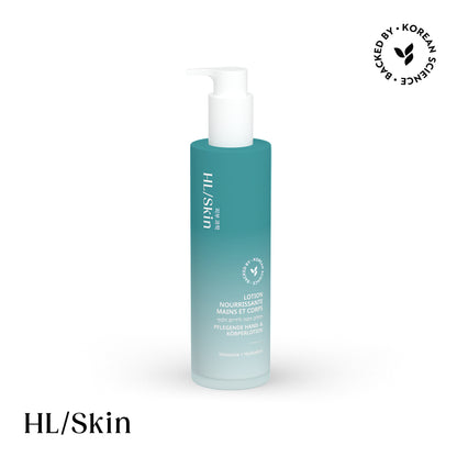 Blue bottle of skincare product with 'HL/Skin' branding on a white background