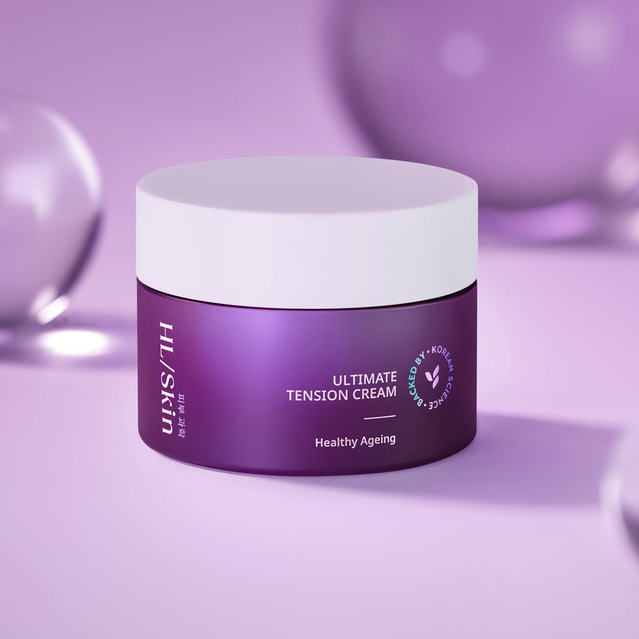 Purple jar of HL/SKIN Ultimate Tension Cream on a purple background